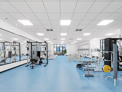 Modern Spacious Fitness Gym Interior With Blue Floor Mirror Walls Bright Lighting And Workout Equipment 3d model