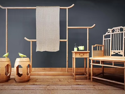 Traditional Chinese Wooden Armchair With Bamboo Screen And Side Table On Wooden Floor 3d model