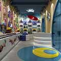 Colorful Kids Playroom Interior With Blue Walls Shelves Red Chair And Yellow Blue Floor