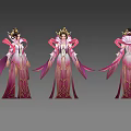 Woman In Traditional Pink Purple Costume With Golden Headdress And Flowing Ribbons Three Angles View