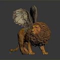 Stunning Winged Lion Sculpture With Orange Fur And Feathered Wings On Dark Reflective Surface