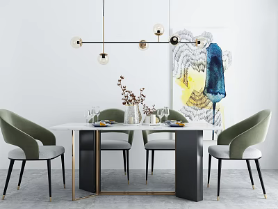Modern Dining Table Set With Green Upholstered Chairs White Tabletop Metal Legs And Abstract Painting 3d model