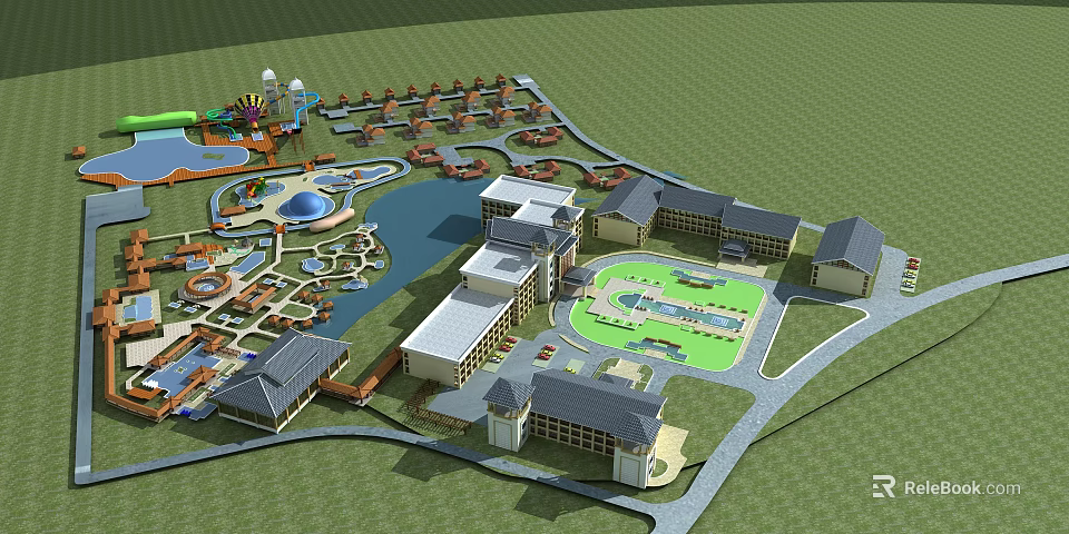 Resort Theme Park Layout Design With Buildings Water Features And Green Spaces 3d model