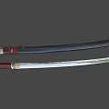 Man Displaying Traditional Japanese Swords With Red Handles And Silver Blades 3d model