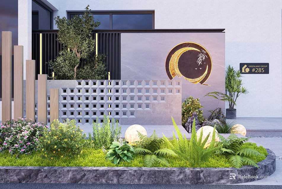 Outdoor Scenic Wall With Circular Decoration Chinese Character Jia Green Plants Lawn And Spherical Lights 3d model 
