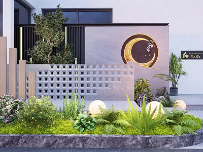Outdoor Scenic Wall With Circular Decoration Chinese Character Jia Green Plants Lawn And Spherical Lights 3d model