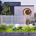 Outdoor Scenic Wall With Circular Decoration Chinese Character Jia Green Plants Lawn And Spherical Lights