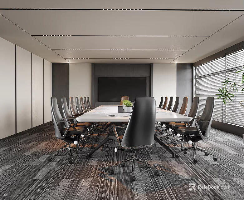 Modern Meeting Room Interior Design With Conference Table Ergonomic Chairs Large Screen Windows And Plant 3d model 