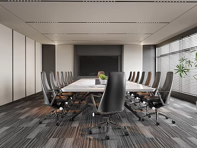 Modern Meeting Room Interior Design With Conference Table Ergonomic Chairs Large Screen Windows And Plant 3d model