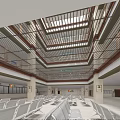 Multi Level Atrium Interior With Wooden Railings And Metal Flooring Design