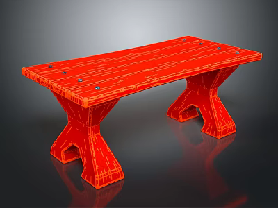 Red Wooden Bench With Planked Top And Carved Legs Sturdy Structure Design 3d model