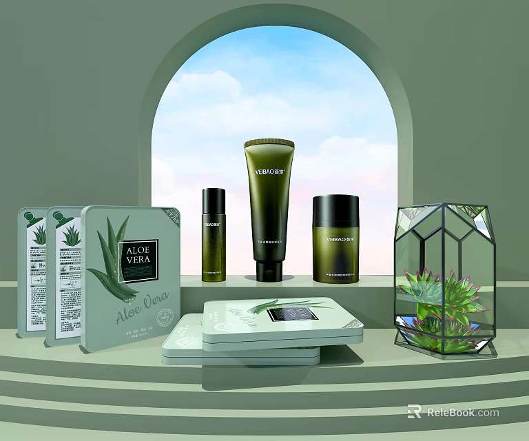 Natural Aloe Vera Cosmetic Products With Green Bottles And Elegant Display Stand 3d model 