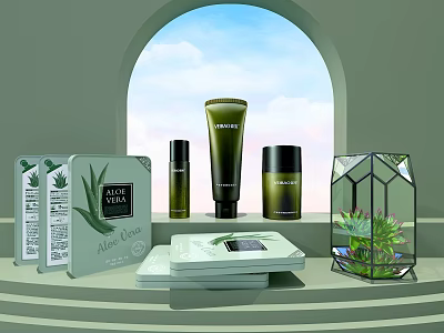 Natural Aloe Vera Cosmetic Products With Green Bottles And Elegant Display Stand 3d model
