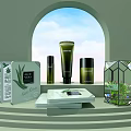 Natural Aloe Vera Cosmetic Products With Green Bottles And Elegant Display Stand