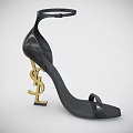 Black Leather High Heels With Ankle Strap And Gold Brand Logo Heel Design
