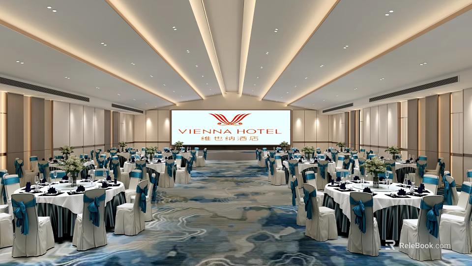 Luxurious Vienna Hotel Banquet Hall With Elegant Tables Setup And Modern Lighting 3d model 
