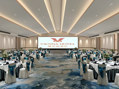 Luxurious Vienna Hotel Banquet Hall With Elegant Tables Setup And Modern Lighting 3d model