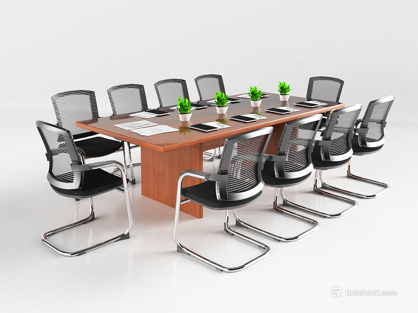 Modern Wooden Conference Table Surrounded By Ergonomic Chairs With Small Potted Plants And Documents 3d model 