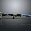 Ornate Decorative Weapon With Intricate Metal Carvings And Red Accent Details