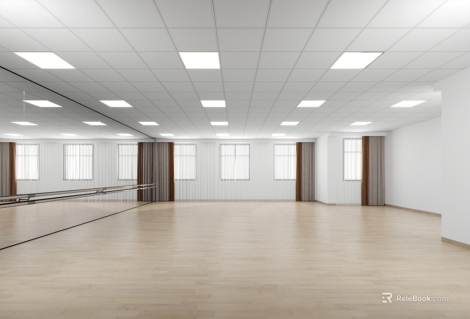 Spacious Fitness Dance Studio With Wooden Floor White Walls Mirrors And Ballet Barres 3d model 