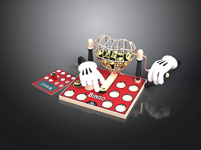 Bingo Game Setup With Cage Numbered Balls Red Board Card And Gloves 3d model