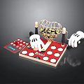 Bingo Game Setup With Cage Numbered Balls Red Board Card And Gloves