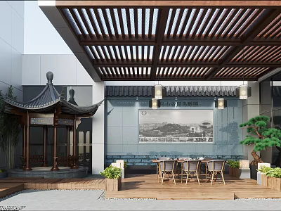 Traditional Chinese Villa Balcony With Wooden Pergola Garden Pavilion And Landscape Painting 3d model