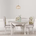 Elegant White Dining Table Set With Floral Chairs Hanging Lamp And Vase On Wainscoting Wall