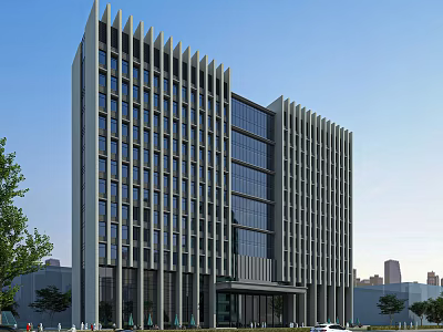 Sleek Modern Office Building With Vertical Columns Glass Curtain Walls And Urban Background 3d model