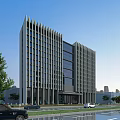 Sleek Modern Office Building With Vertical Columns Glass Curtain Walls And Urban Background