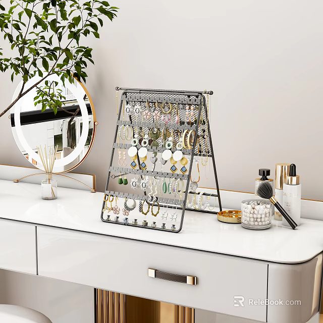 Decorative Jewelry Organizer With Earrings Necklaces On White Dressing Table Mirror Green Plant 3d model 