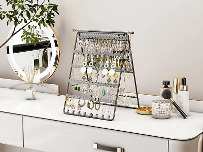 Decorative Jewelry Organizer With Earrings Necklaces On White Dressing Table Mirror Green Plant 3d model