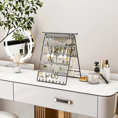 Decorative Jewelry Organizer With Earrings Necklaces On White Dressing Table Mirror Green Plant 3d model
