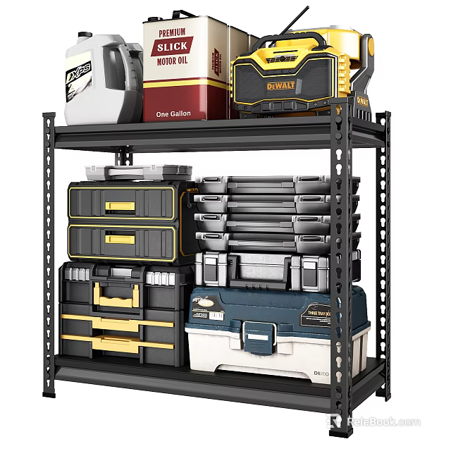 Black Metal Storage Shelf with Stacked Toolboxes in Different Colors and Sizes 3d model