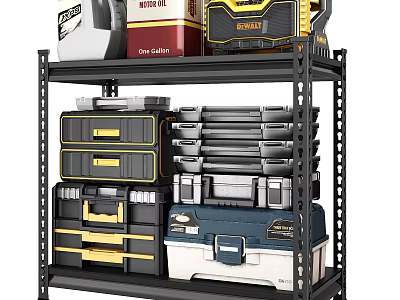 Black Metal Storage Shelf with Stacked Toolboxes in Different Colors and Sizes 3d model