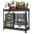 Black Metal Storage Shelf with Stacked Toolboxes in Different Colors and Sizes 3d model