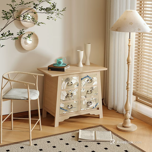 Scandinavian Wooden Chest Of Drawers With Vases Books Chair And Natural Light By Window 3d model 