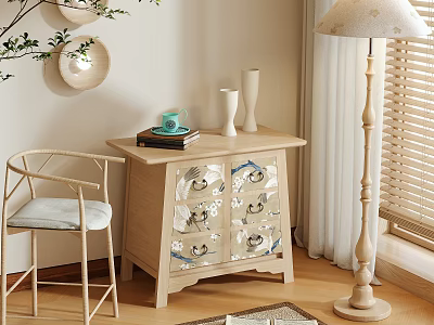 Scandinavian Wooden Chest Of Drawers With Vases Books Chair And Natural Light By Window 3d model