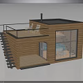 Modern Wooden Building With Black Roof Balcony Staircase Chairs And Large Glass Windows