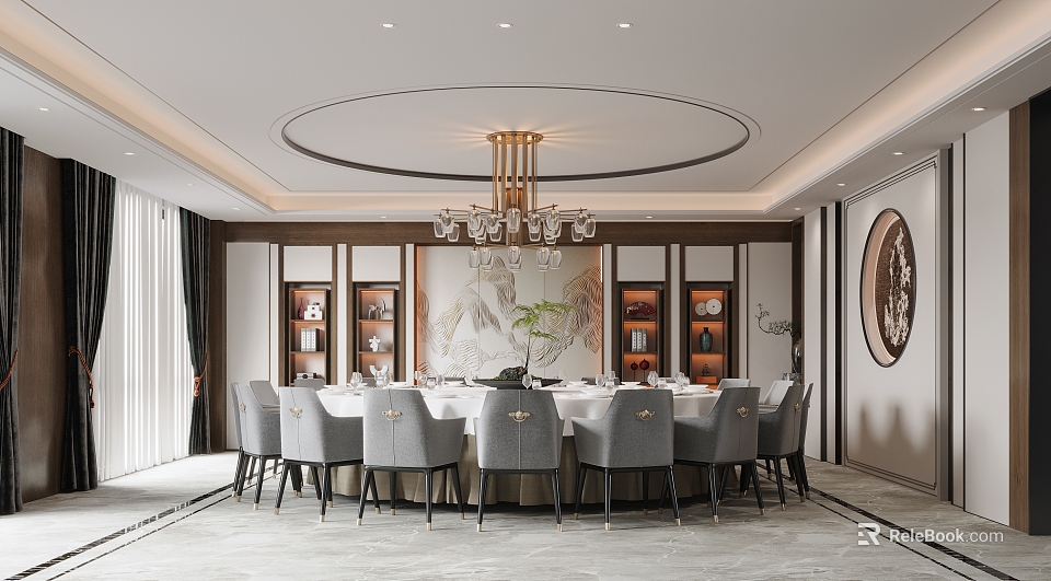 Elegant Private Dining Room Interior With Round Table Gray Chairs Chandelier And Wall Decor 3d model 
