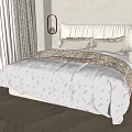 Double Bed With Beige Headboard White Sheets Patterned Blanket Curtains Plant And Wooden Floor