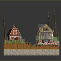 Cartoon Scene With Two Small Houses Small Shed Red Car Vegetable Garden And Tall Trees