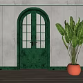 Green Arched Double Doors With Glass Panes Against White Wall And Green Plant