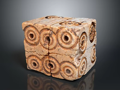 Hand Carved Cube Shaped Sculpture With Intricate Circular Holes And Textured Surface 3d model