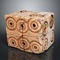 Hand Carved Cube Shaped Sculpture With Intricate Circular Holes And Textured Surface
