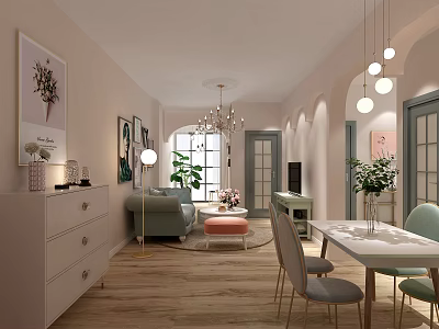 Modern Cozy Living And Dining Room Interior With Sofa Dining Table Chandelier And Decorative Paintings 3d model