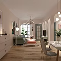 Modern Cozy Living And Dining Room Interior With Sofa Dining Table Chandelier And Decorative Paintings
