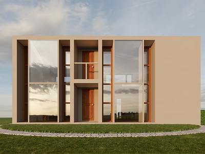 Modern Residential Building Exterior Design With Large Glass Windows Brown Wooden Door And Green Lawn 3d model