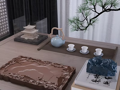 Chinese Style Decorative Ornament Set With Pagoda Model Blue Teapot White Teacups And Pine Tree 3d model