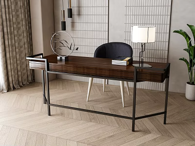 Modern Wooden Desk with Metal Frame Table Lamp Stack of Books Black Chair Green Plant 3d model